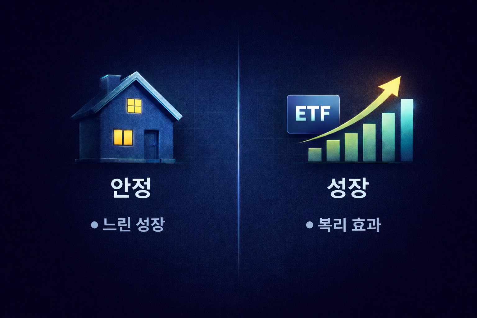 부동산의 안정성과 ETF 주식 투자의 복리 성장 효과를 비교한 이미지