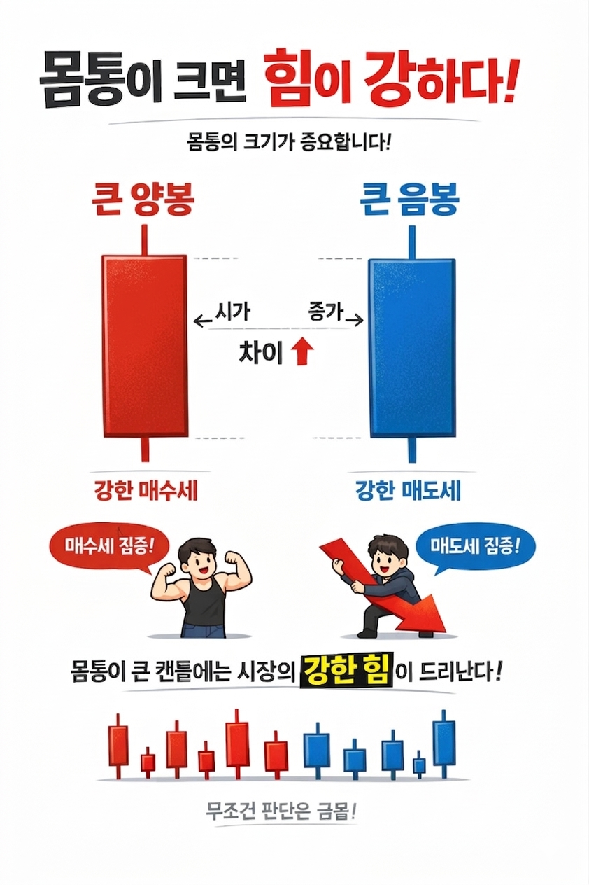 주식 캔들의 몸통 크기가 보여주는 매수세와 매도세의 강도 비교