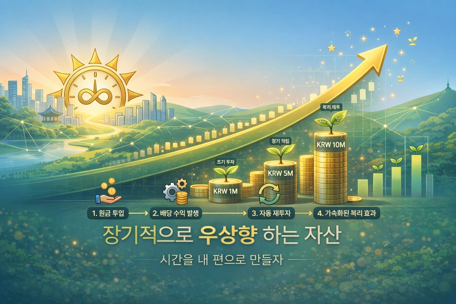장기 투자와 복리 효과로 시간이 지날수록 자산이 증가하는 우상향 그래프