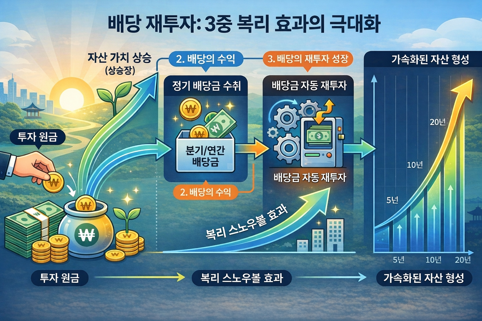 배당금 자동 재투자를 통해 복리로 자산이 증가하는 투자 구조 설명 이미지