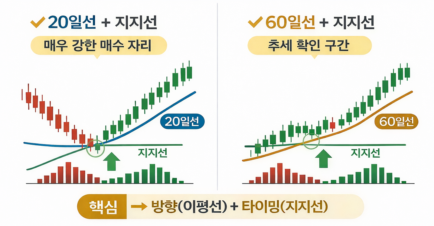 지지선 이동평균선 결합 차트 매수 타이밍 분석 예시