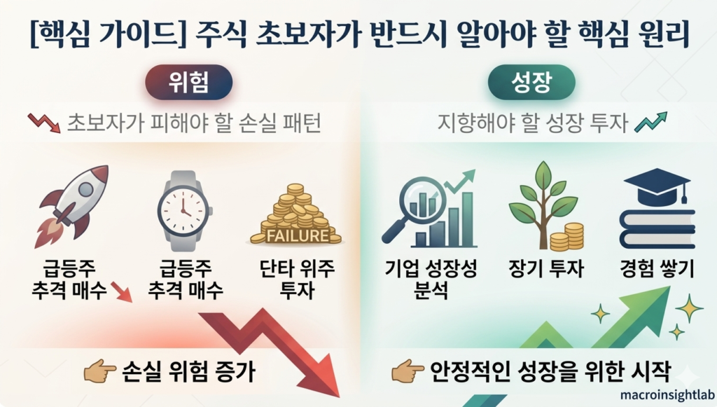 주식 초보자 시작 방법을 설명하는 이미지, 단타 투자와 장기 투자 차이