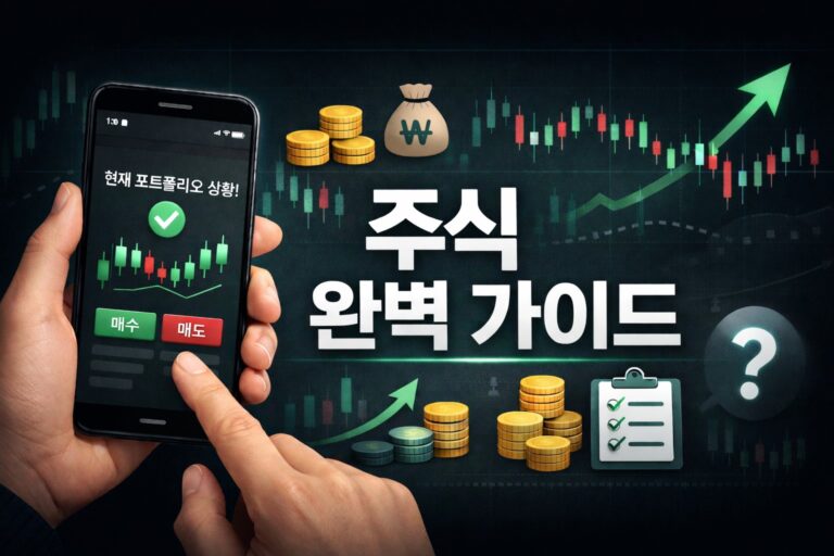 주식 초보자 시작 방법 대표 썸네일, 스마트폰 주식 앱과 상승 차트가 포함된 초보 투자 가이드 이미지