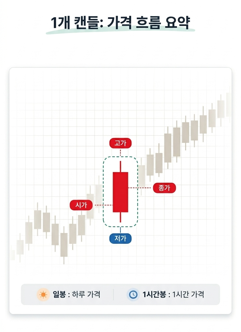 1개 캔들로 가격 흐름을 요약하는 방법을 설명하는 차트입니다.