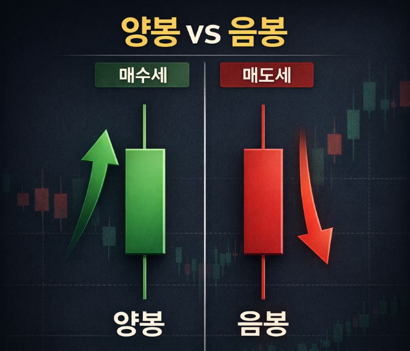 주식 차트에서 양봉과 음봉의 차이 및 매수세 매도세 비교 이미지