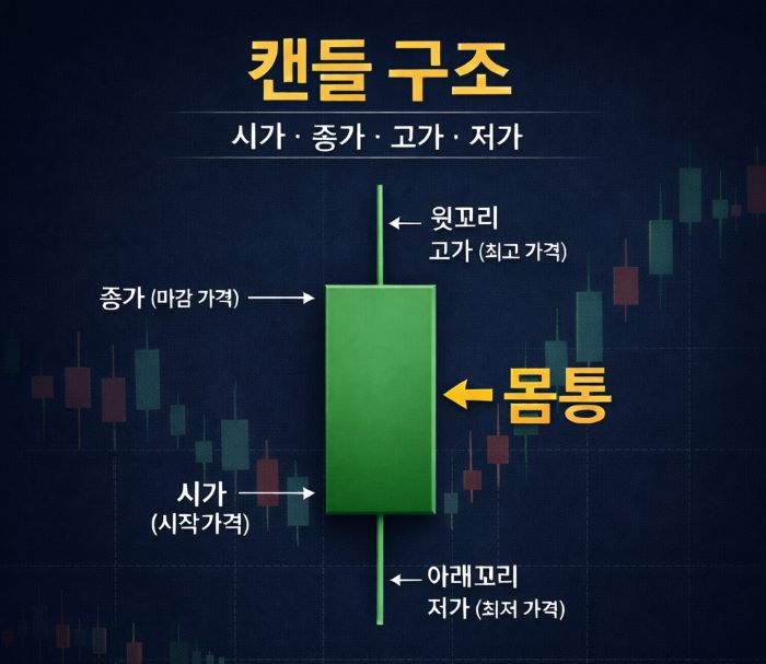 주식 캔들 보는 법 캔들 구조 설명 이미지 시가 종가 고가 저가와 몸통 아랫꼬리 예시