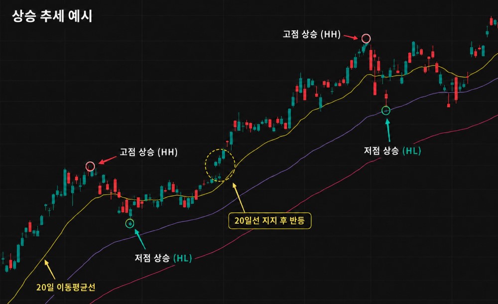 주식 차트 추세 보는 법을 설명하는 상승 추세 예시 차트로, 고점 상승과 저점 상승, 20일 이동평균선 지지 후 반등 흐름을 보여준다.
