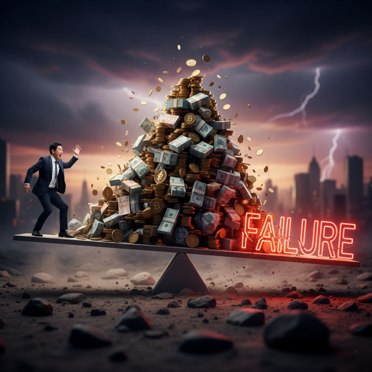 주식 투자 실패를 상징하는 이미지로, 시소 위 돈더미와 FAILURE 문구를 통해 과도한 욕심과 리스크 관리 실패를 표현한 투자 심리 대표 썸네일