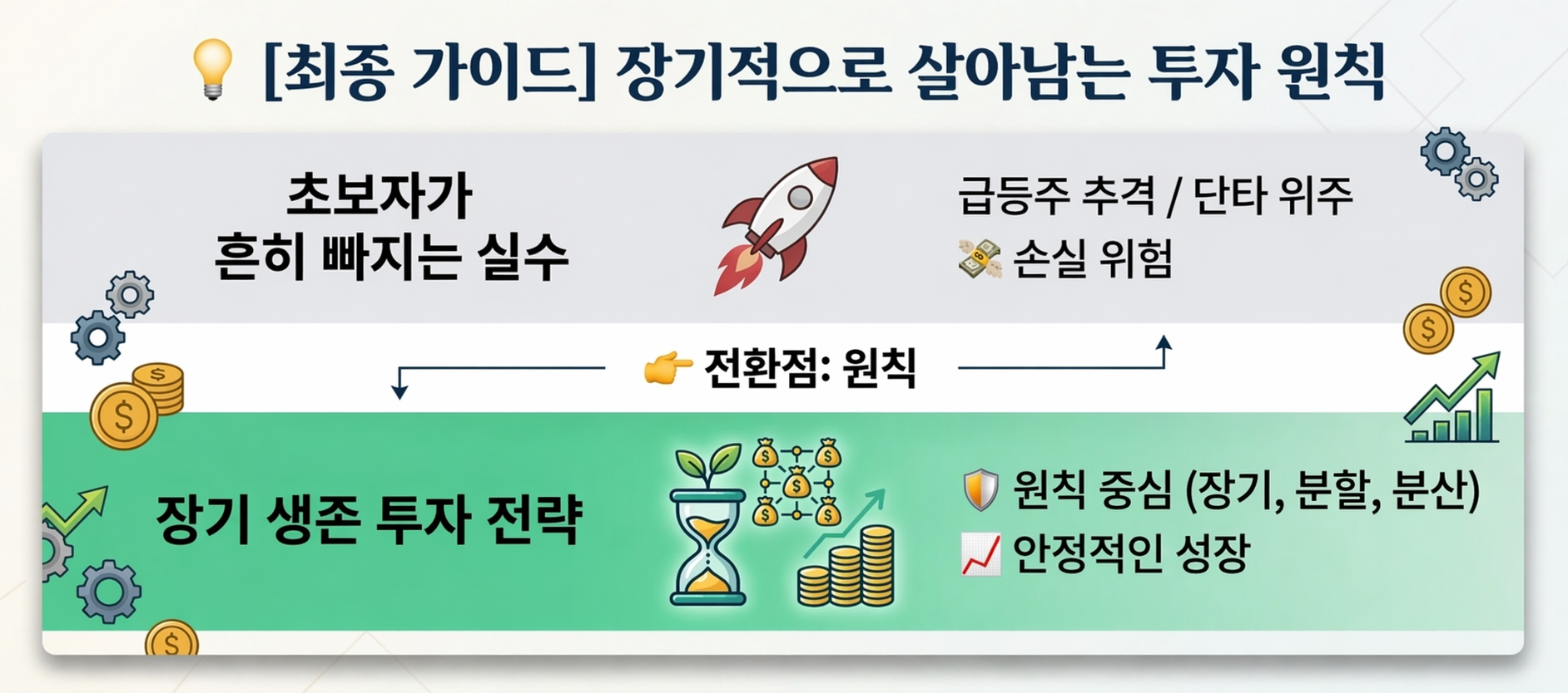 주식 투자 전략, 장기 투자와 분할 매수, 분산 투자 원칙 설명 이미지