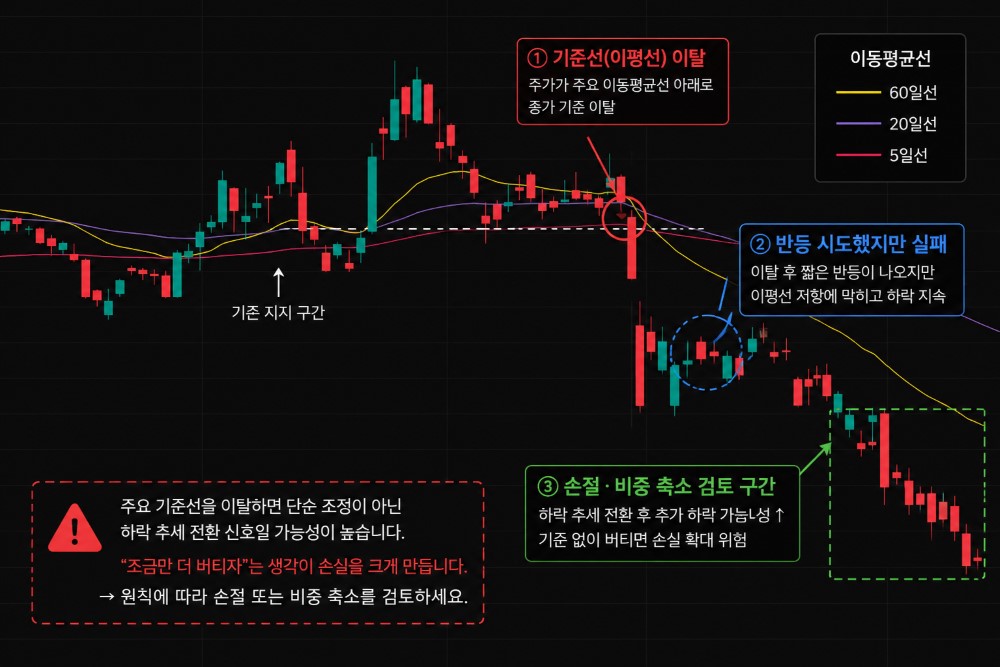 주식 손절 익절 기준 설명을 위한 이동평균선 이탈 후 반등 실패와 손절 검토 구간 차트 예시