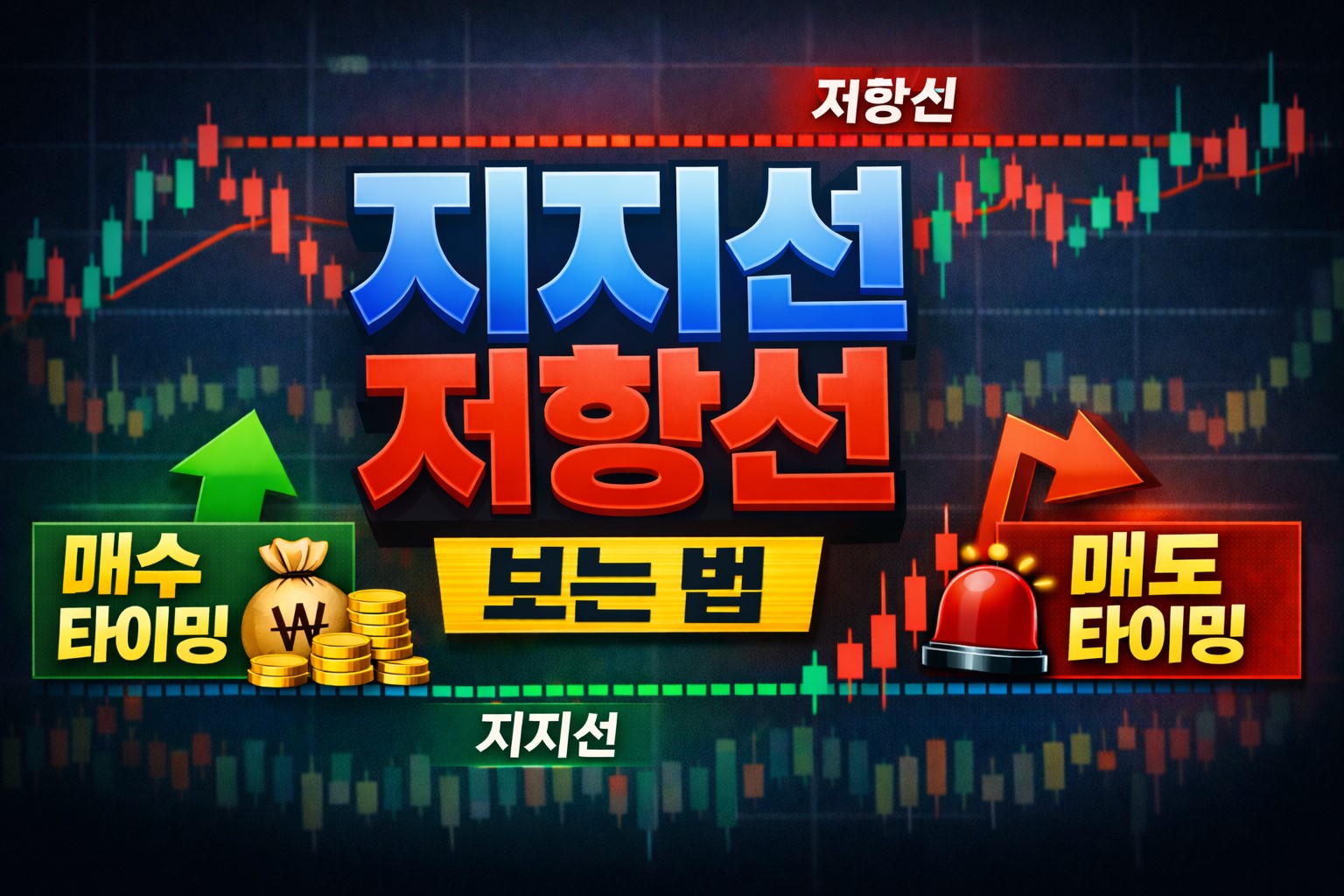 주식 차트 지지선 저항선 개념과 매수 매도 타이밍을 설명하는 캔들 차트 이미지