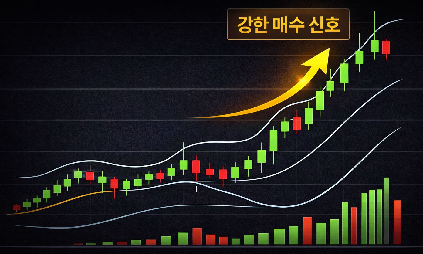 볼린저 밴드 상단 돌파와 거래량 증가를 통해 강한 매수 신호를 설명한 주식 차트 이미지