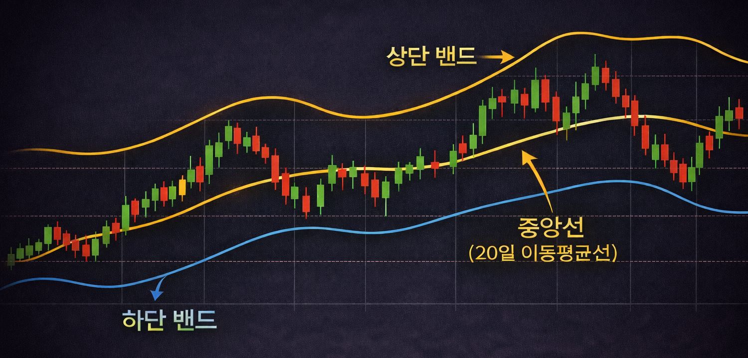 볼린저밴드 보는 법에서 상단 밴드 중앙선 20일 이동평균선 하단 밴드 구조를 설명한 차트 이미지