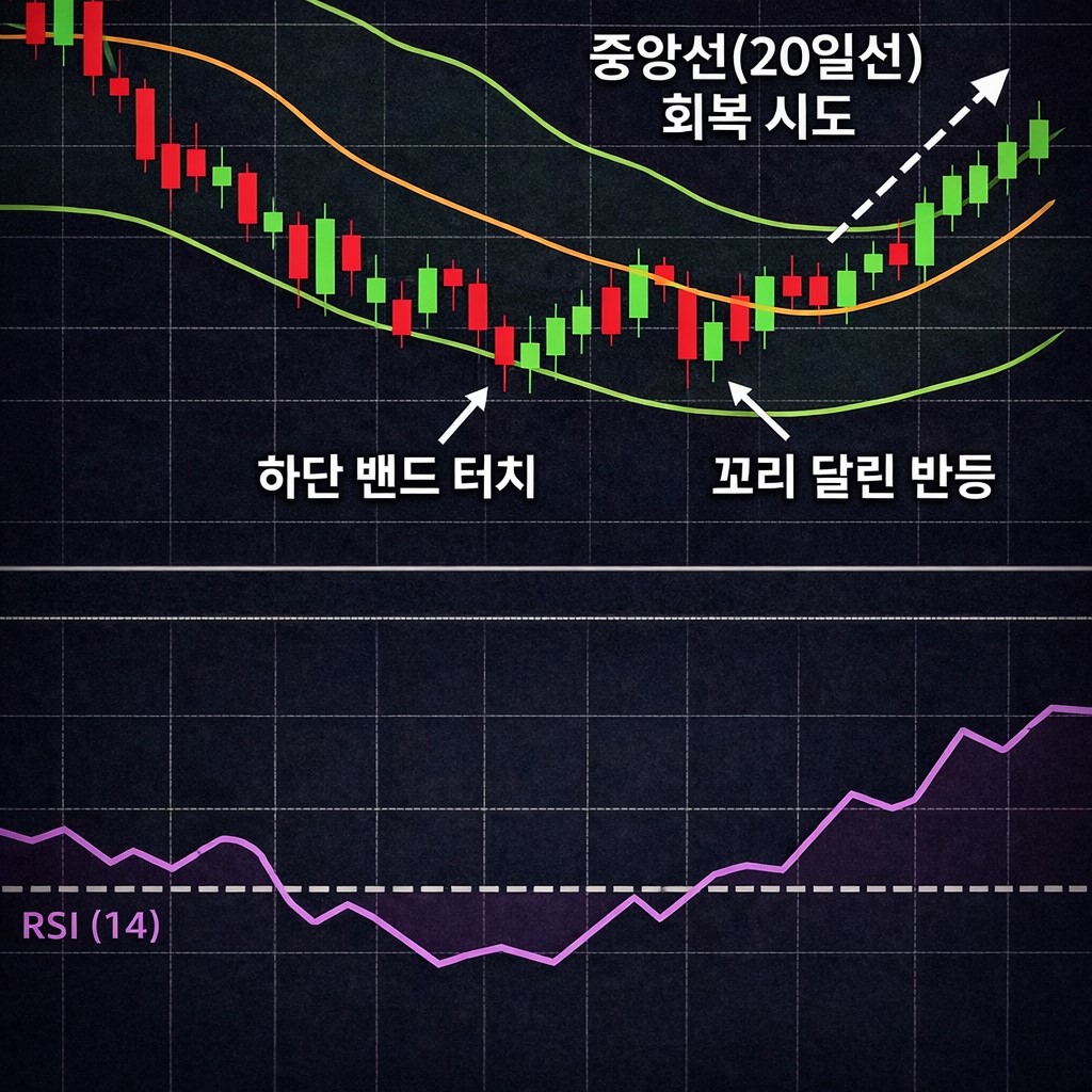 볼린저 밴드 하단 터치 후 꼬리 달린 반등과 중앙선 회복 시도를 보여주는 주식 차트 이미지