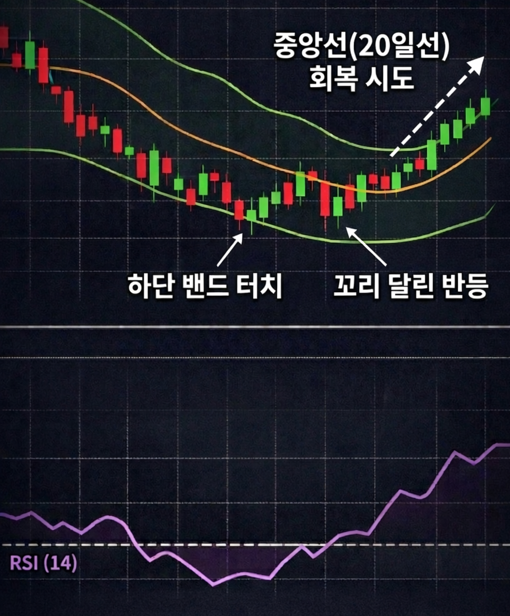 볼린저 밴드 하단 터치 후 꼬리 달린 반등과 중앙선 회복 시도를 보여주는 주식 차트 이미지