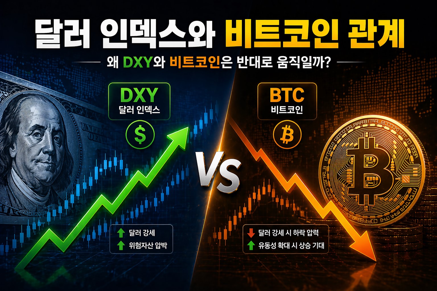 달러 인덱스와 비트코인 관계를 보여주는 비교 이미지
