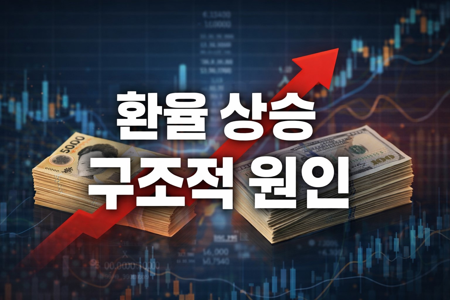환율 상승의 구조적 원인을 보여주는 대표 썸네일 이미지로 원화와 달러 지폐, 상승 화살표, 금융 차트 배경이 포함된 매크로 분석 썸네일