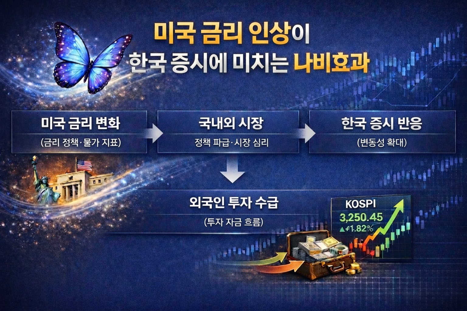 미국 금리 인상이 한국 증시와 외국인 자금 흐름에 미치는 영향을 보여주는 인포그래픽