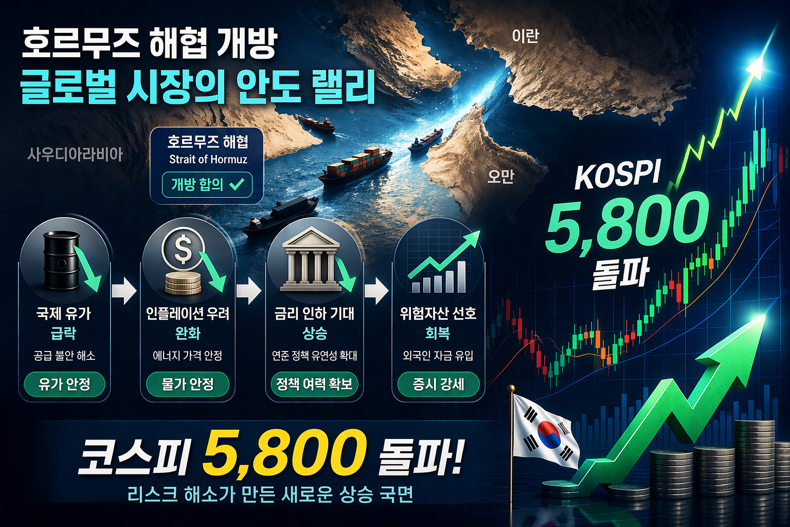호르무즈 해협 개방 이후 유가 하락과 코스피 5800 돌파 구조 인포그래픽