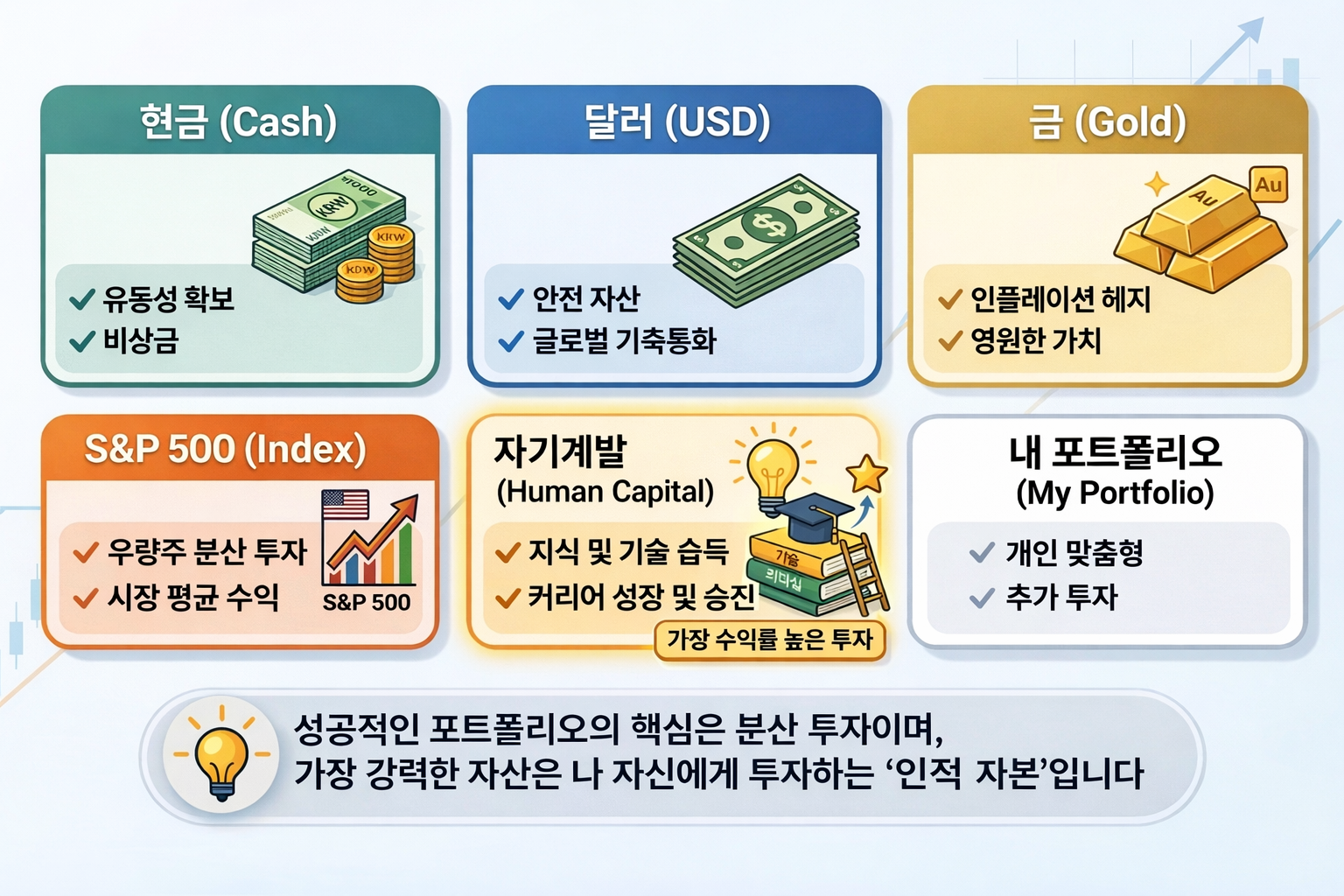 현금, 달러, 금, S&P 500, 자기계발을 비교하며 인적 자본의 높은 투자 수익률을 보여주는 포트폴리오 카드형 인포그래픽