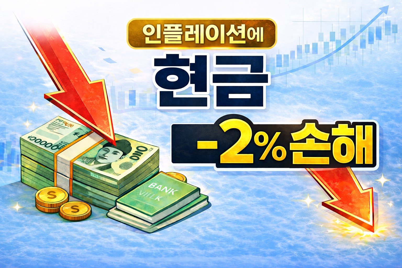 인플레이션 시대 현금 보유 시 2% 손해를 보여주는 그래프 이미지