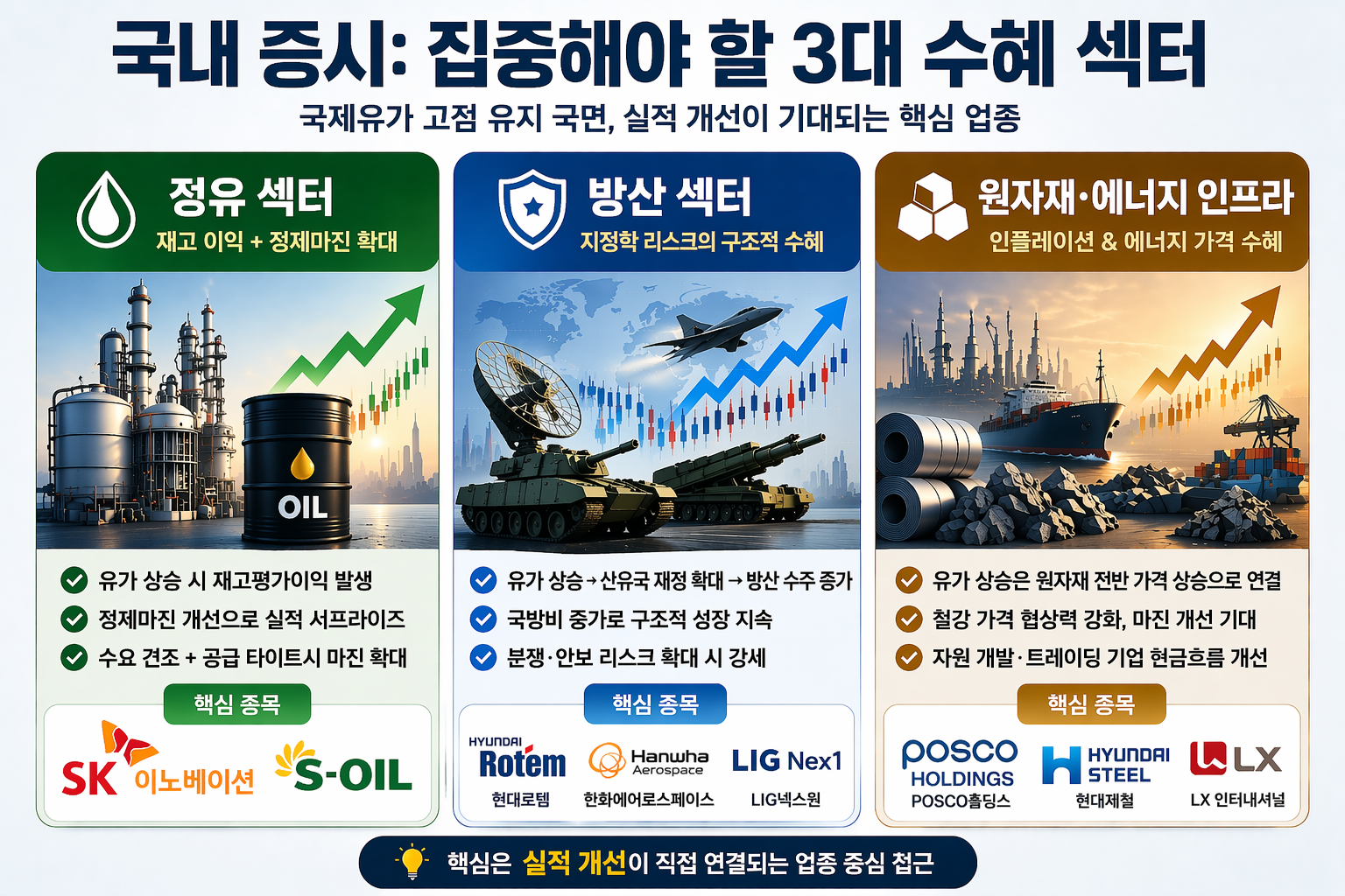 국내 증시 국제유가 수혜주 3대 섹터 정유 방산 원자재 인포그래픽