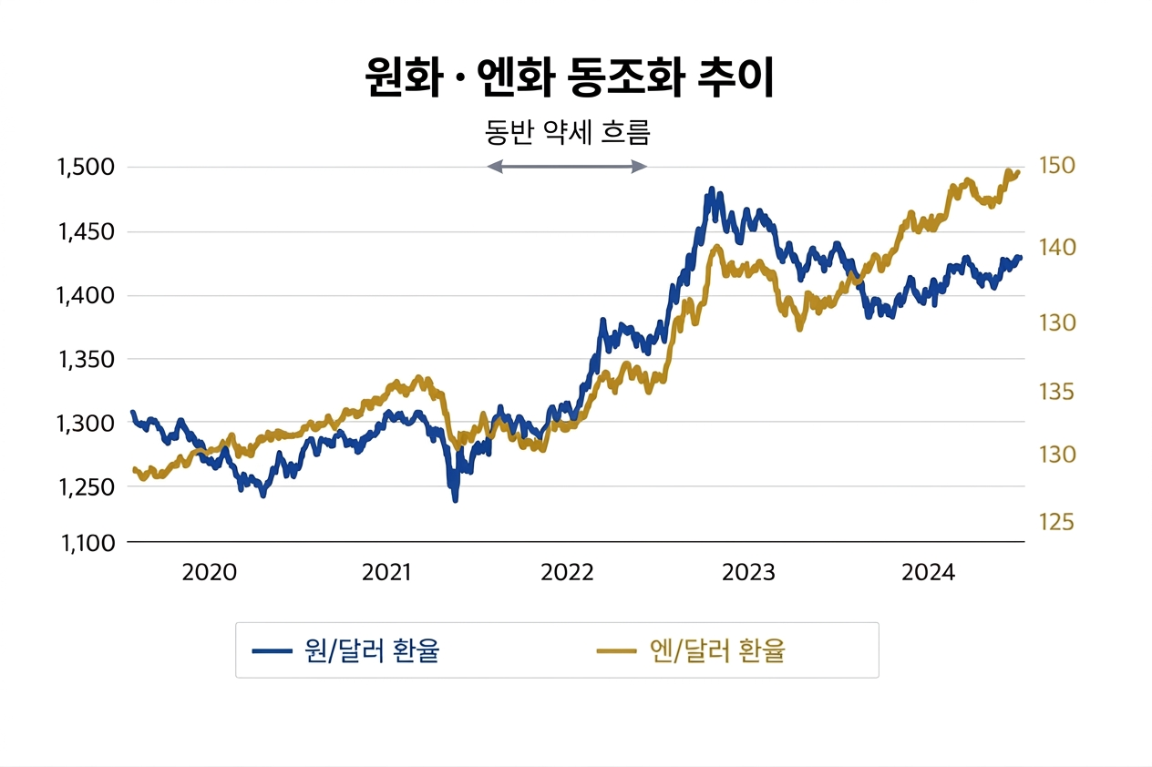 환율 상승 구조적 원인을 설명하는 원화와 엔화 동조화 추이 차트