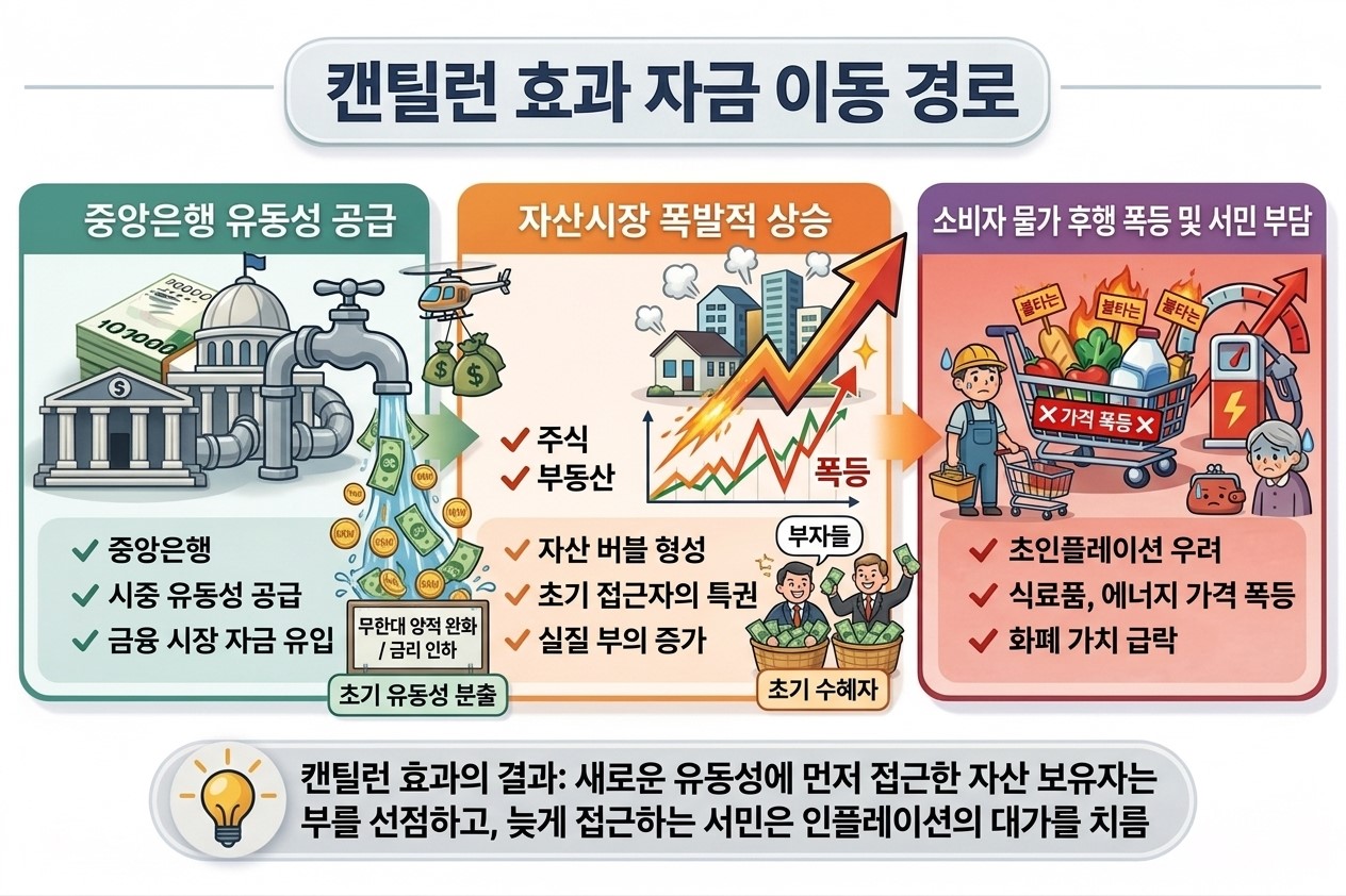 캔틸런 효과에 따른 유동성 공급과 자산시장 및 소비자 물가 상승 흐름도