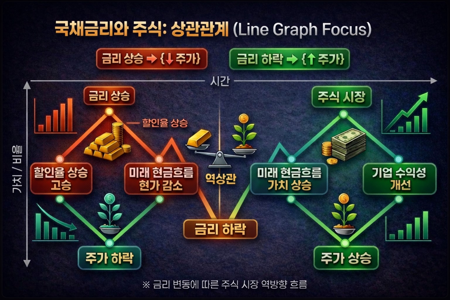 미국 10년물 국채금리 상승과 자산 가격 부담을 설명한 매크로 인포그래픽