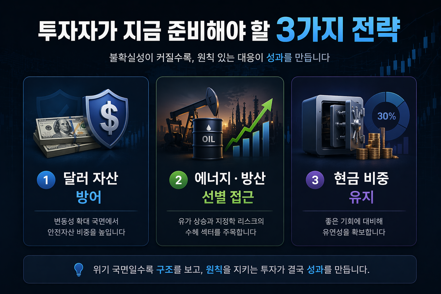 시장 변동성 확대 국면에서 달러 자산 방어, 에너지·방산 선별, 현금 비중 유지 전략을 설명한 카드형 인포그래픽