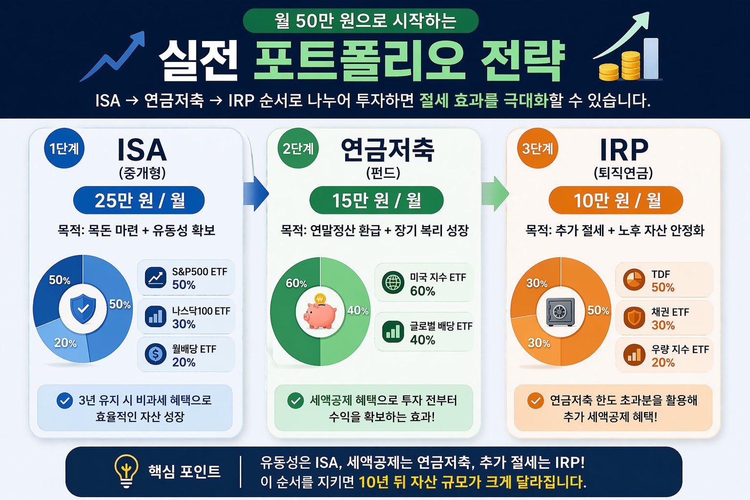 월 50만 원 기준 ISA 연금저축 IRP 실전 포트폴리오 배분 전략 인포그래픽 2026