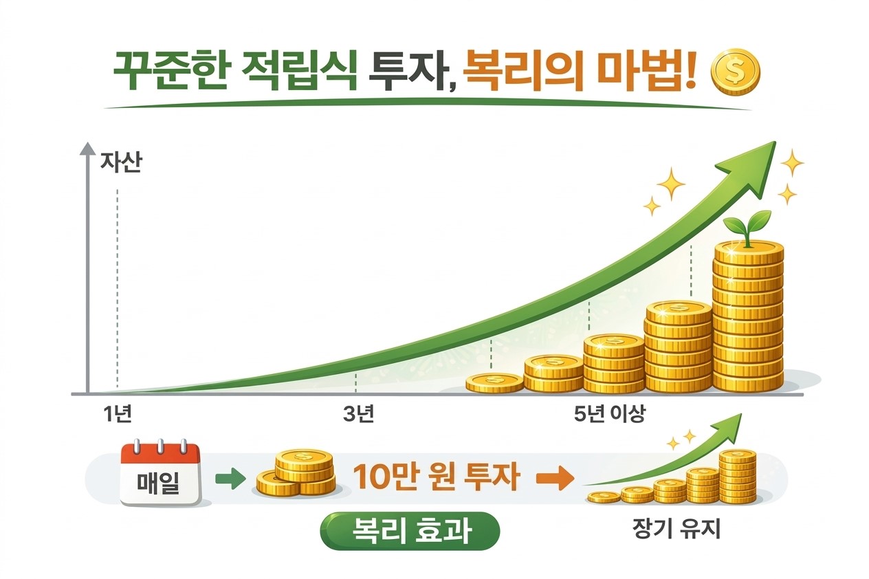 미국 주식 적립식 투자와 복리 효과로 자산이 증가하는 그래프