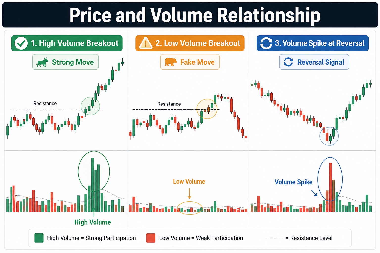 How to read volume in stock trading chart showing breakout, fake breakout, and reversal signals