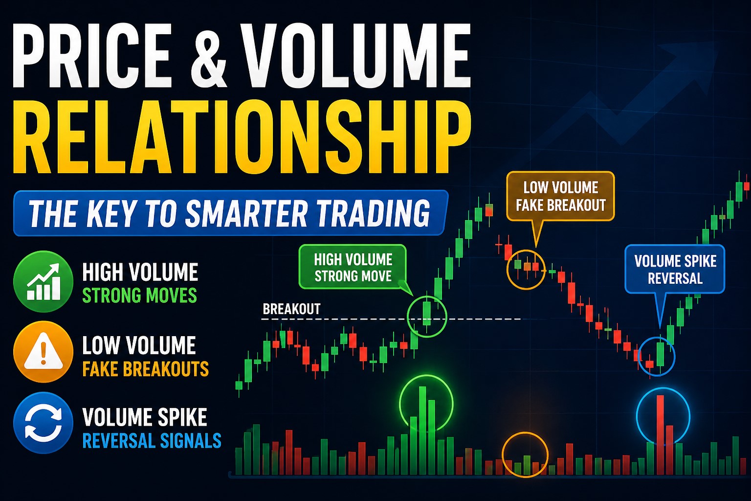 Price and volume trading strategy showing breakout, fake breakout, and reversal signals