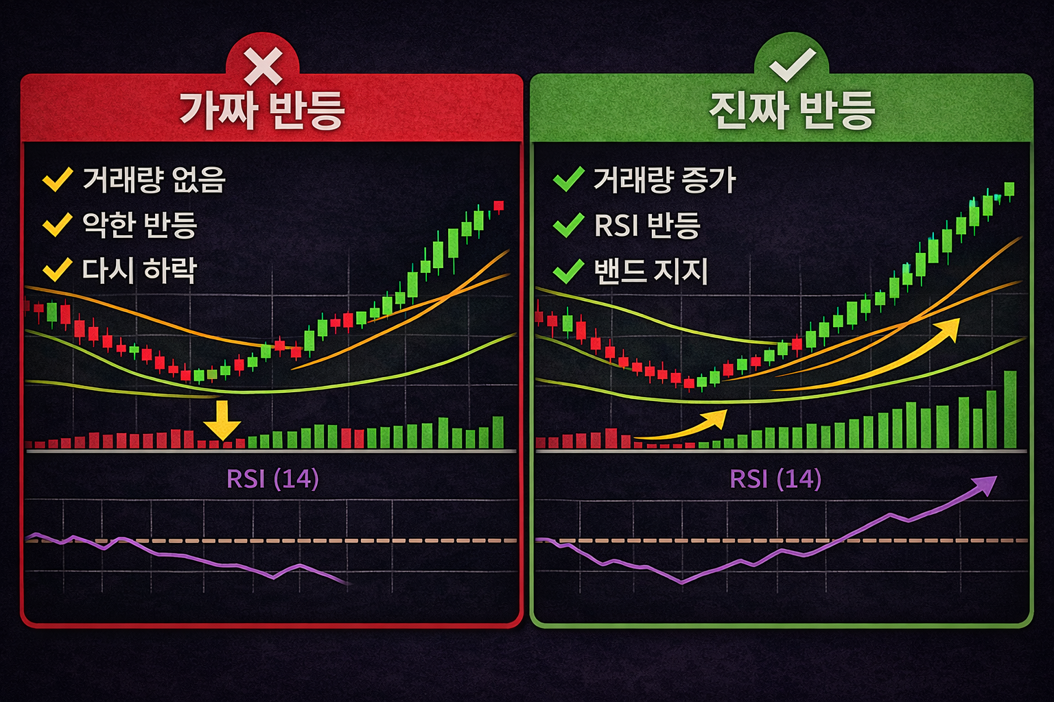 가짜 반등 진짜 반등의 거래량 및 RSI 차이를 비교한 주식 차트 이미지