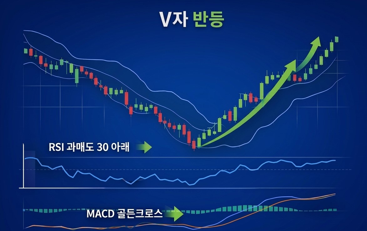글로벌 증시 V자 반등 흐름을 보여주는 기술적 분석 차트 이미지로, RSI 과매도 구간 해소와 MACD 골든크로스를 통해 상승 추세 전환 가능성을 설명한 이미지
