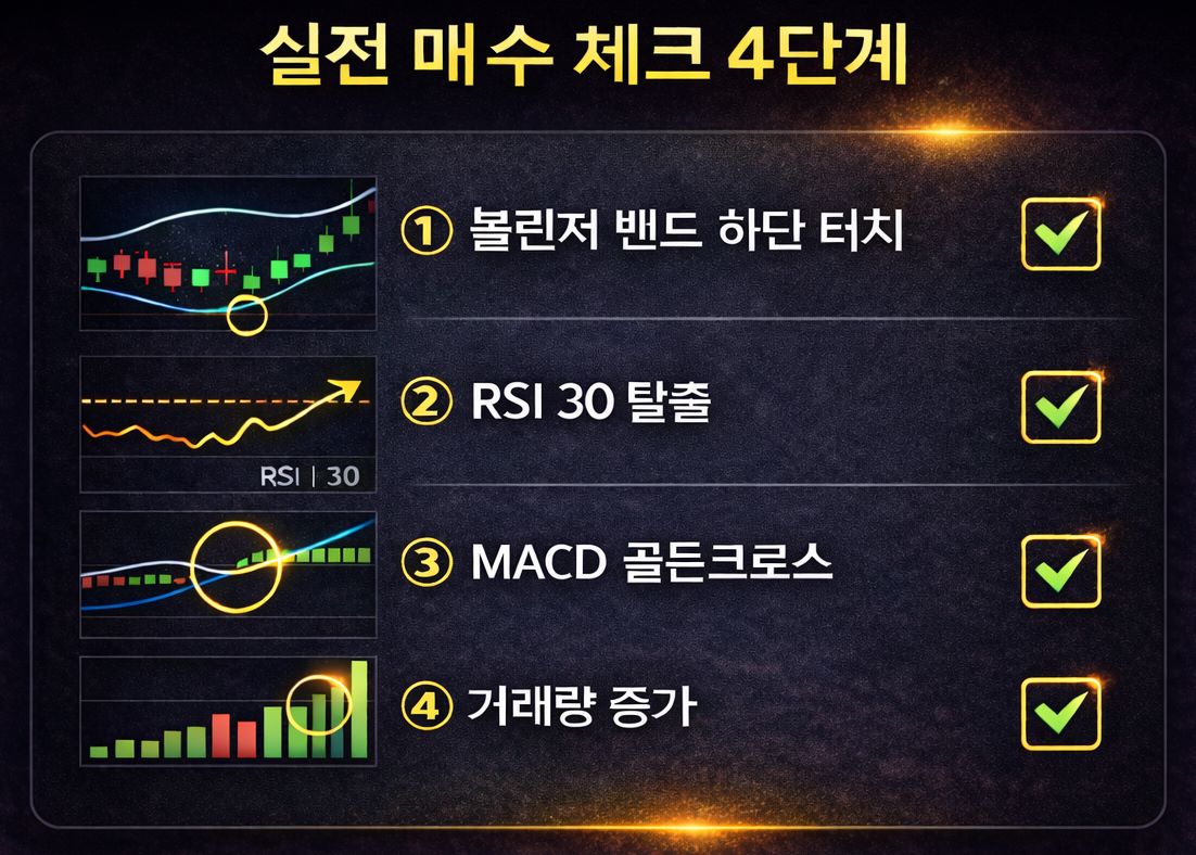 볼린저 밴드, RSI, MACD 골든크로스, 거래량 증가를 활용한 실전 매수 체크 4단계 인포그래픽