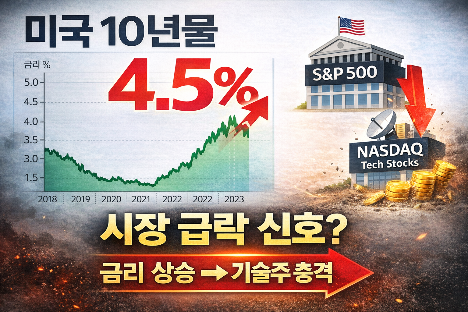 미국 10년물 국채금리 4.5% 상승으로 인한 시장 급락 신호와 나스닥 기술주 충격을 보여주는 매크로 분석 대표 썸네일
