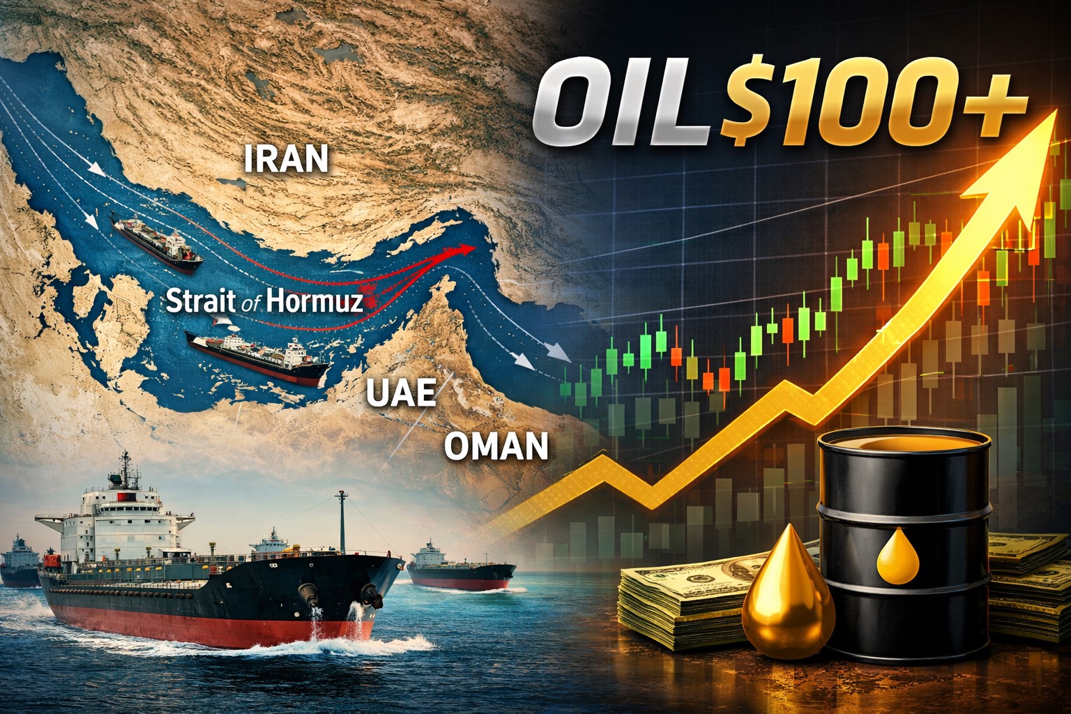 미국 이란 회담 결렬 이후 호르무즈 해협 리스크로 국제 유가 100달러 돌파를 보여주는 이미지
