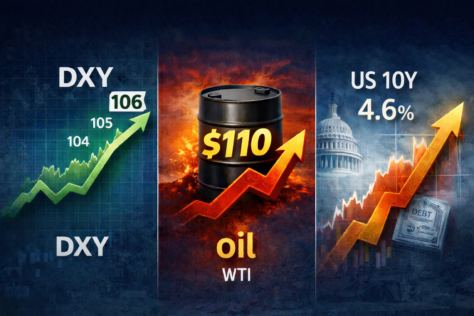 달러 인덱스 DXY 상승, 국제 유가 110달러, 미국 10년물 금리 4.6%를 나타낸 매크로 리스크 인포그래픽
