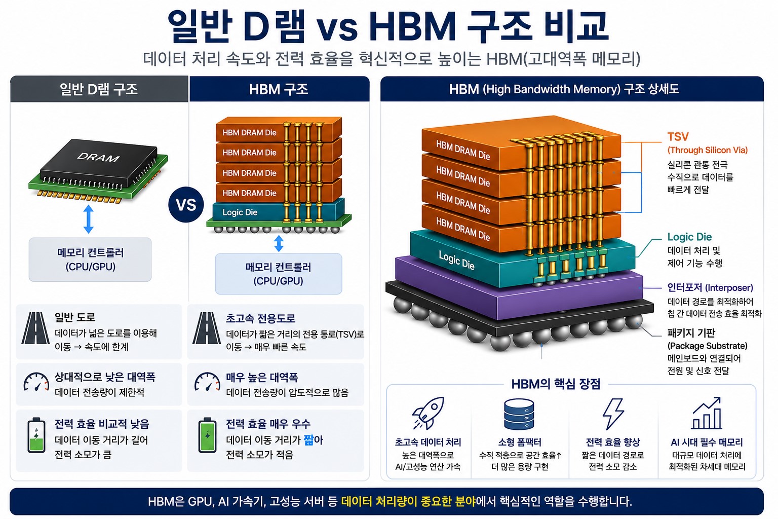 HBM AI 반도체 메모리 구조와 일반 D램 비교