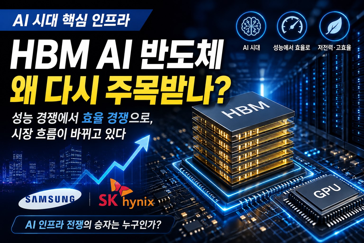 HBM AI 반도체와 GPU 기반 AI 인프라 경쟁을 표현한 한국 반도체 산업 대표 썸네일 이미지