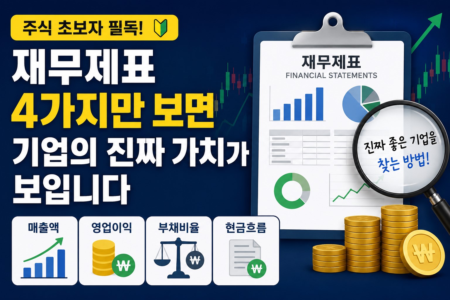 재무제표 보는 법과 핵심 4가지를 설명하는 썸네일 이미지