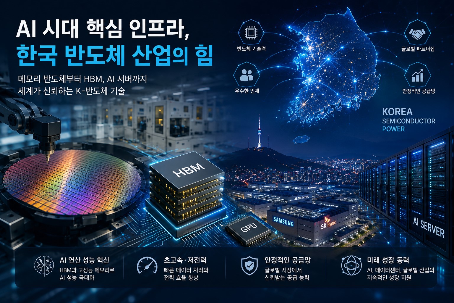 AI 시대 핵심 인프라로 떠오른 한국 반도체 산업과 HBM 기반 AI 서버 구조 이미지