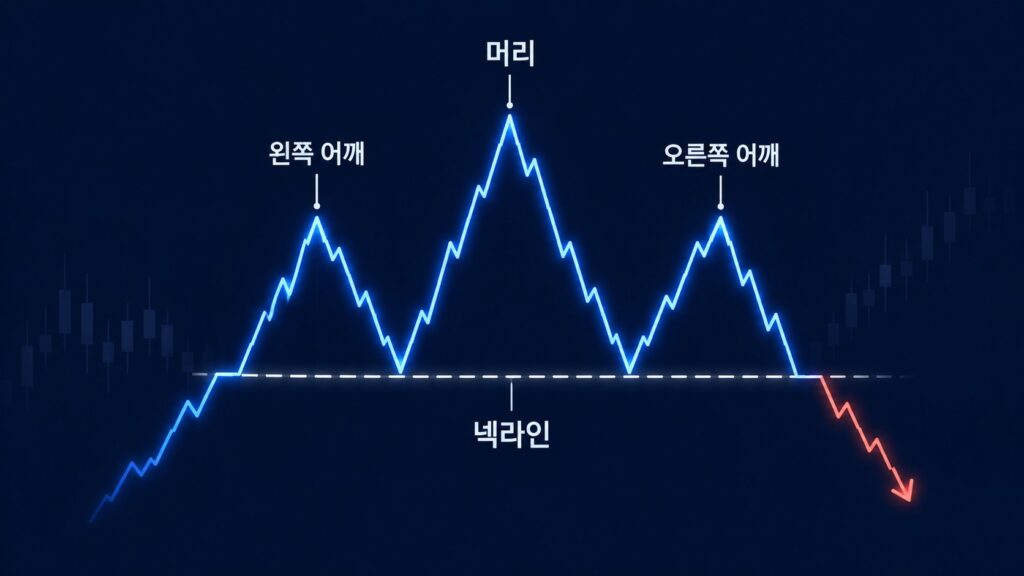 주식 헤드앤숄더 패턴의 왼쪽 어깨, 머리, 오른쪽 어깨와 넥라인 구조