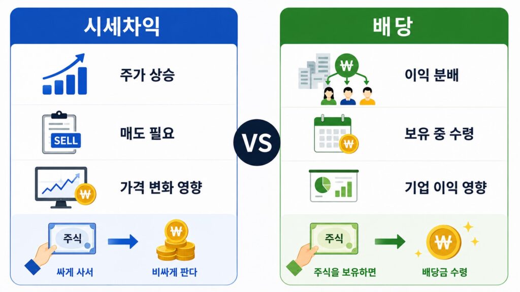 주식 투자 수익인 시세차익과 배당 차이 비교 이미지