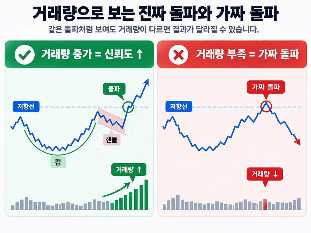 컵앤핸들 패턴에서 거래량 증가 돌파와 거래량 부족 가짜 돌파 비교