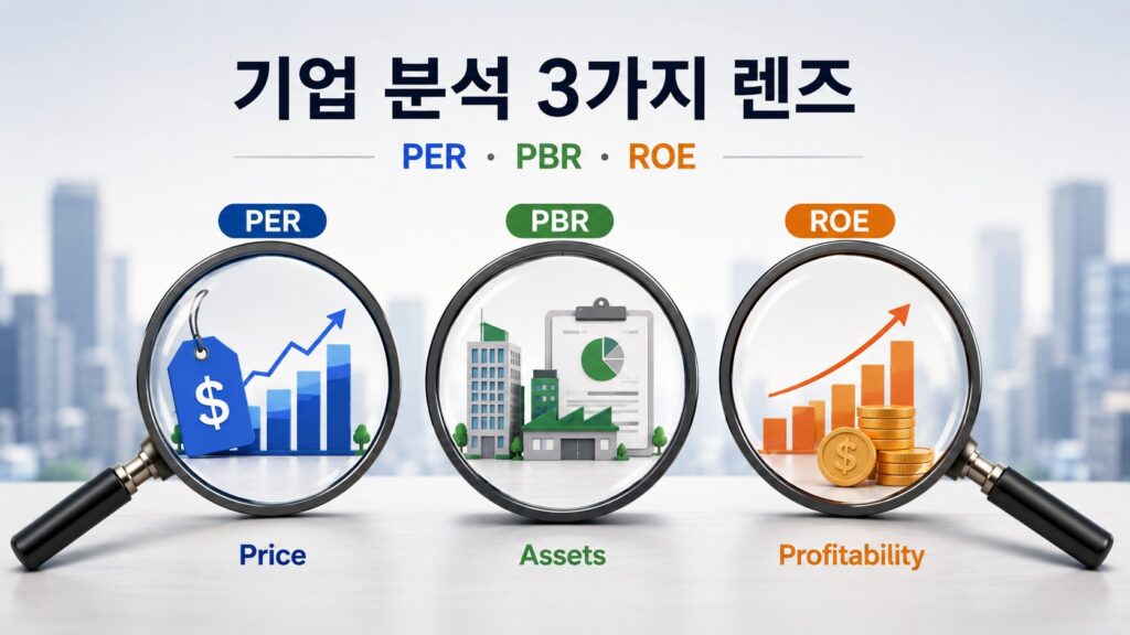 PER, PBR, ROE를 가격, 자산, 수익성 관점에서 쉽게 설명한 주식 초보자용 기업 분석 이미지