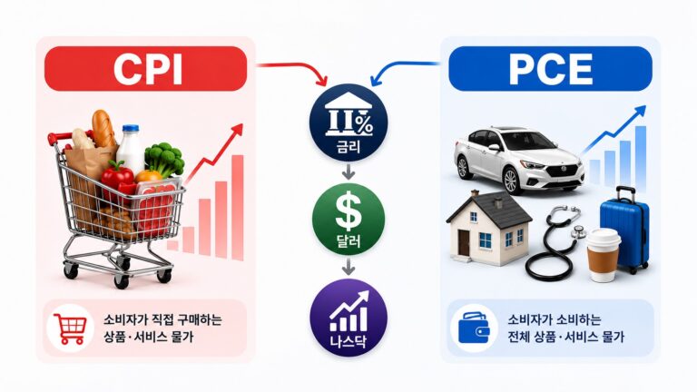 CPI vs PCE 차이와 물가지표가 금리 달러 나스닥에 미치는 영향을 보여주는 인포그래픽