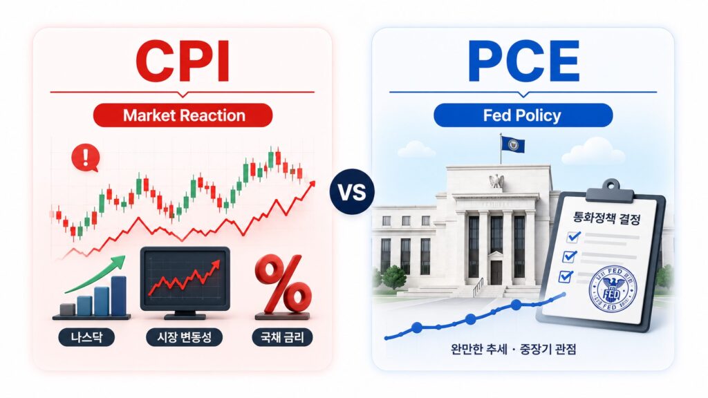 CPI는 시장 반응 PCE는 연준 정책 판단에 가까운 물가지표임을 비교한 이미지